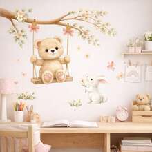 Hình dán tường phong cách Boho hình gấu bông và thỏ trên xích đu - Trang trí hoa và trái tim bằng màu nước - Hình dán tường tự dính có thể tháo rời, thích hợp trang trí phòng trẻ sơ sinh, phòng ngủ, phòng chơi và tiệc mừng em bé. - Gấu con Thỏ - Xem 2