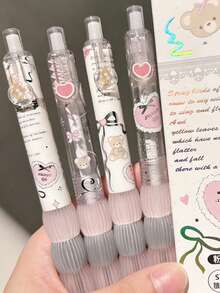 4pcs Laser Ribbon Rabbit/Bear Ballpoint Pens, Quick-Drying Ink Pens For Students, Cute & Minimalist Design - Ribbon - View 4