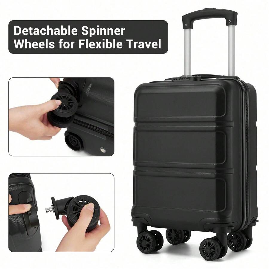 15-Inch Cabin Suitcase (40x30x20 Cm) Under-Seat Luggage, ABS/PC Hard Shell Trolley With 4 Removable 360° Swivel Wheels And 3-Digit Lock, Lightweight Small Travel Trolley For Christmas Holidays, New Year's Holidays, Solo Travel, Weekend City Breaks, Business Trips, Unisex For Women And Men - Black - 查看 1