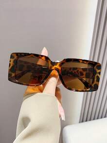 Leopard Print Rectangular Y2K Sunglasses, Plastic UV Protection Shades For Travel And Beach - Multicolor - View 3