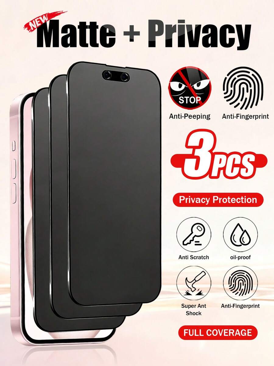 Yezodawee 3pcs Matte Ceramic Privacy Screen Protector, Compatible With IPhone 17 Pro Max/17 Pro/17/Air/16 Pro Max/16/16 Pro/16 Plus/14 Pro Max, 9H+ Scratch-Resistant, Sensitive Touch, Compatible With Phone Cases, Includes Cleaning Kit, High-Quality 9H+ Ceramic Film - Black - View 1