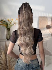 28 Inch Long Wavy Ombre Brown Drawstring Ponytail Synthetic Hair Extension, Heat Resistant Synthetic Fiber Wig Suitable For Women Party And Daily Use - Brown Ombre - View 7