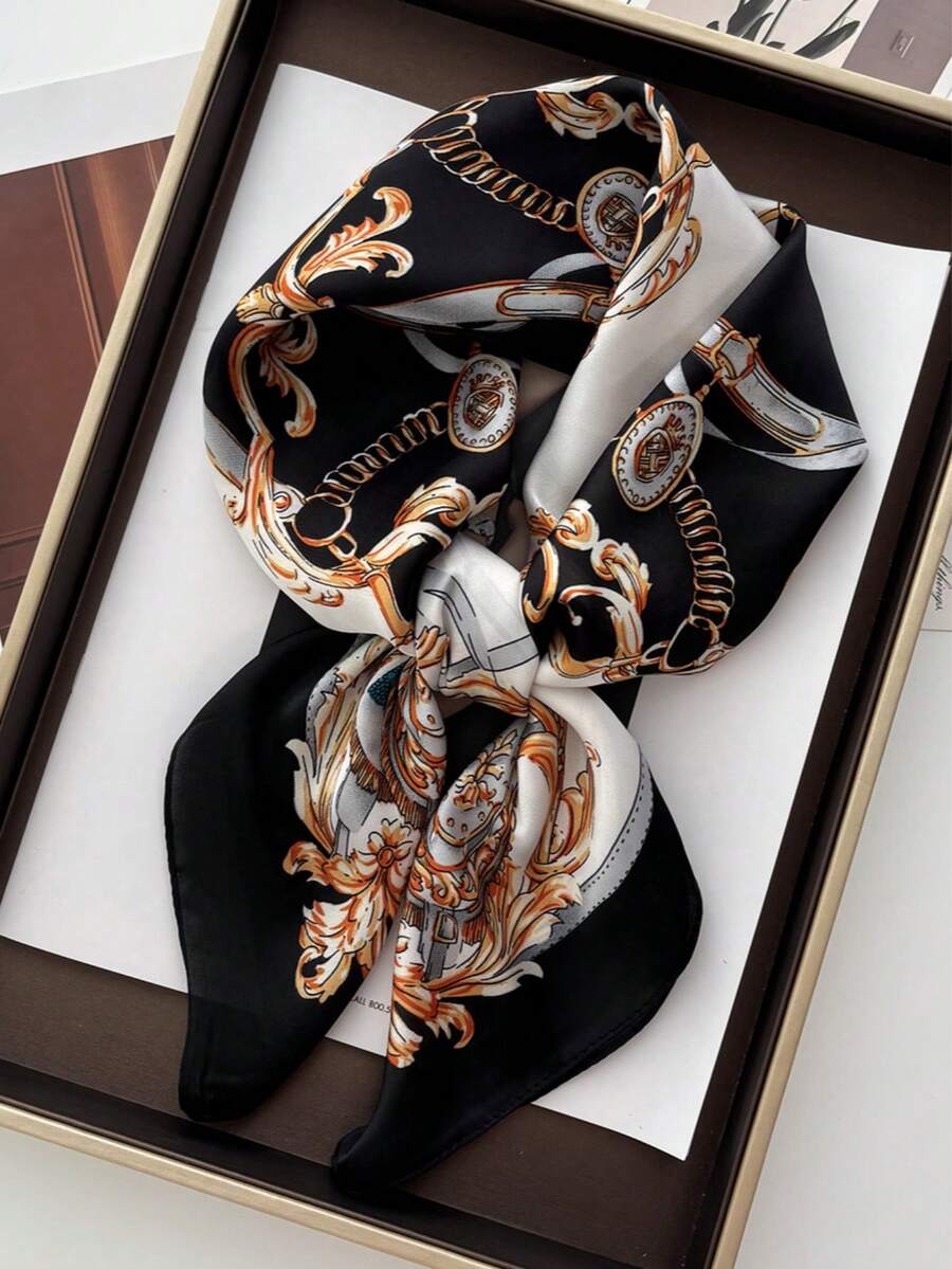 1条70*70厘米方形丝巾，女士缎面印花头巾，包巾，发带，时尚女士头巾，披肩，围巾，女士领巾，头巾，服装配饰 - 黑白鏈條 - 查看 1