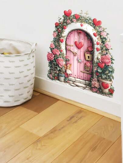 1个粉色玫瑰心形花仙子迷你门贴，PVC材质，自粘可移除，适用于家居客厅、卧室、办公室墙面装饰