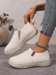 Mocassins de Plataforma de Bico Redondo com Padrão de Losango para Mulheres, Estilo Minimalista Casual para Uso Diário e Caminhada ao Ar Livre, Adequado para Primavera/Outono - off white - Visão 2