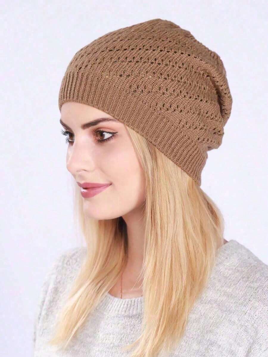 1pc Casual & Elegant Hollow Out Solid Color Acrylic Jacquard Beanie, Single Layer Thin Pleated Hollow Slouchy Hat, Windproof & Warm Outdoor Knitted Cap, Suitable For Autumn/Winter, Maternity Winter Hat UGWK - 深灰色 - 查看 1