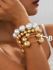 1/5 piezas Brazalete elástico exagerado vintage de oro/perla macizo, accesorio de playa para mujer adecuado para citas, sesiones de moda, vacaciones, joyería decorativa de encanto como regalo - Amarillo Oro - Ver 10