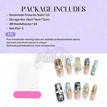 Nailplus 10 PCS Handmade Long Square Press-On Nails | Icy Blue Gilded Vintage Style Angel Pattern Nails With 3D Metal Cross & Pearl Designs, Sparkling Glitter & Retro Embossed Texture Nail Art For Y2K & Punk Daily Fashion Looks (Tool Kit Included) - Follow Your Heart - Xem 7