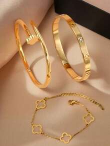 1pc/3pcs Stainless Steel Bangle, Mirror Polished, Vacuum Plated, Non-Fading, Fashion Classic Style, Suitable For Daily Wear, Jewelry Gold Accessories, Women Bracelet Decor, Women Stainless Steel Jewelry Bangle - Three Piece Set - View 7
