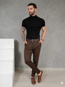 Men's Smart Casual Trousers In Premium Satin Fabric With Tailored Detail And Welt Pockets - 鏽棕色 - 查看 12