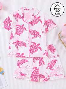 2pcs Kid's Pajama Set, New Summer Short Sleeve Casual Open Cardigan Washable Blue Turtle Print Boys & Girls Wear-Resistant Sleepwear Suit - Pink - View 12