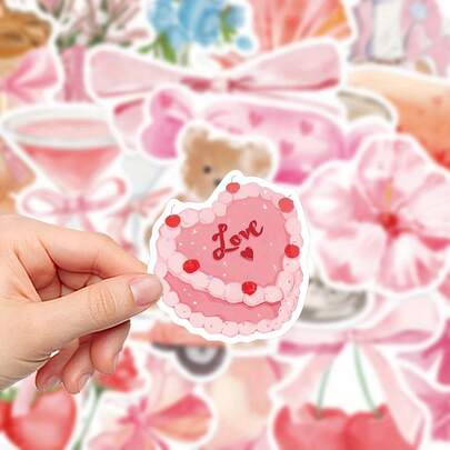 50张粉色水彩风格贴纸，适合成人和青少年，美观的乙烯基贴纸，可用于笔记本电脑、水瓶、滑板、手机壳、笔记本等，可爱的熊、花、草莓图案贴纸，适用于剪贴簿、日记、DIY手工装饰，防水贴纸，可用于个性化行李箱、自行车、电脑等。