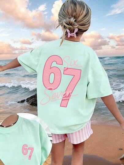 Tween Girl Star Element Six Seven 67 T-shirt med tecknat tryck, lämplig för flickor utomhussporter, fritidskläder, gatustil, campusstil, trendig flicktopp för vår/sommar