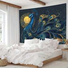 2D Flat  1 Piece Elegant Blue Peacock Background Cloth |   Mobius Starry Canvas Poster, Dark Blue, Gold, And Turquoise  No Electricity Needed Party Decoration, Wedding, Home, Office Wall Hanging  Durable Polyester Fabric Indoor Use - 多色 - 查看 4