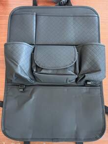 1个大容量PU皮革汽车座椅靠背储物袋，带双杯架和纸巾盒，黑色防踢车载收纳袋，多隔层设计，可放置水瓶、平板电脑和配件，易于清洁的悬挂式后座收纳袋，适用于轿车、SUV、卡车，时尚的汽车内饰配件，适合家庭公路旅行和日常通勤。 - A - 查看 16