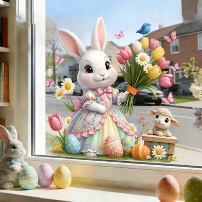 1/2片可爱兔子手捧鲜花窗贴，可重复使用PVC静电吸附材质，适用于儿童房、餐厅、浴室和窗户装饰。绝佳的复活节礼物。