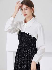 1pc Women's Casual Solid White Button Ruffle Collar Long Sleeve Non-Stretch Shawl Collar Blouse, Suitable For Autumn/Winter Vacation And Daily Wear - White - View 7