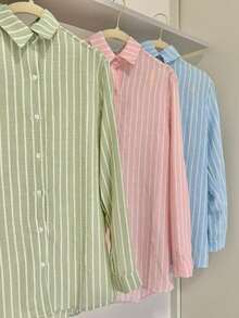Linen Button-Down Shirt, Beach Cover-Up, Long Sleeves, Striped, Polyester, Button-Down, Vacation, Diary, Travel, Summer. - 藍白色 - 查看 3