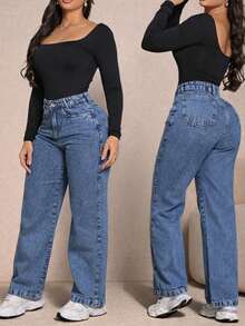 Women's Wide Leg Jeans, Marbled Pattern, High Waist, Thick Fabric, Premium Line, 100% Cotton, Butt-Lifting Effect - WIDE MARBLED - View 1