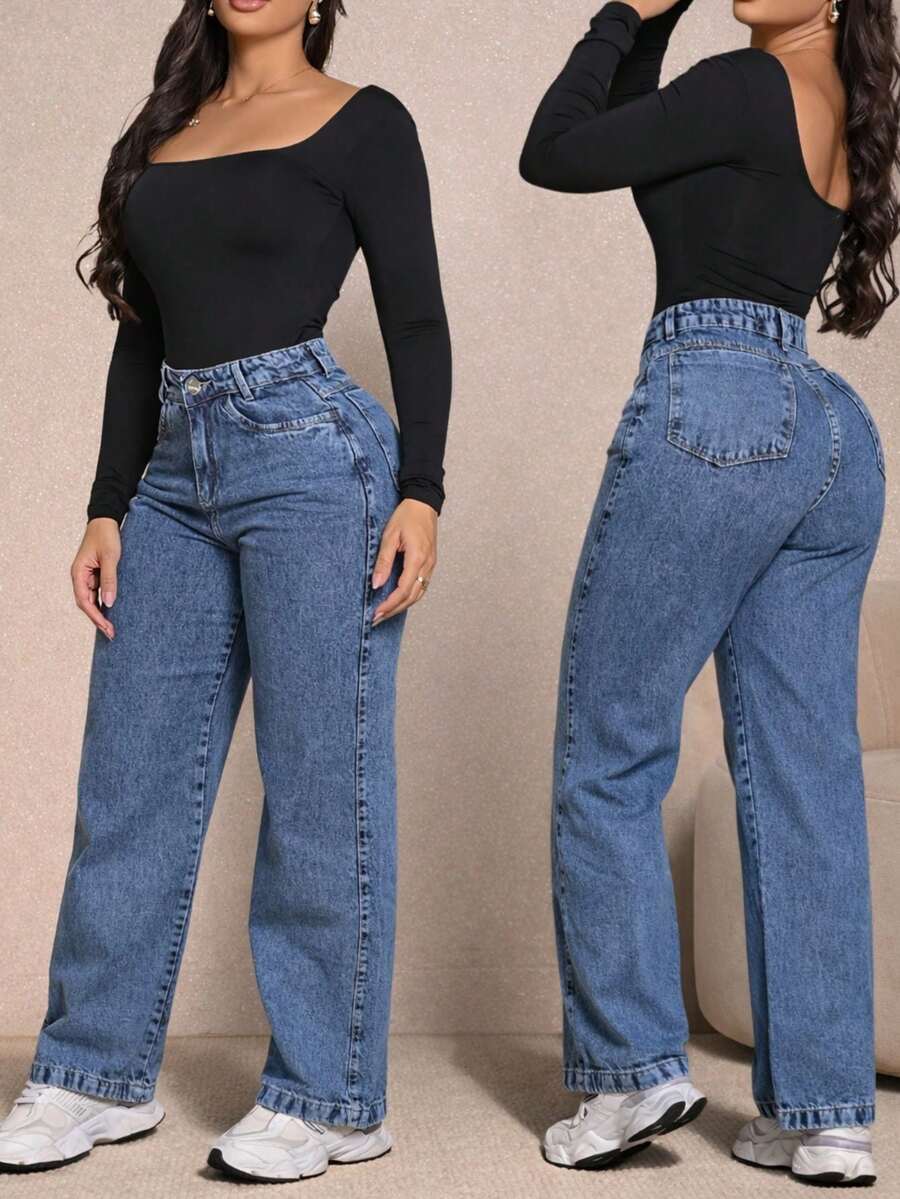 Women's Wide Leg Jeans, Marbled Pattern, High Waist, Thick Fabric, Premium Line, 100% Cotton, Butt-Lifting Effect - WIDE MARBLED - View 1