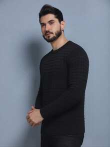 Men's Plain Square Knit Sweater, Round Neck, Long Sleeve, Thick Wool Sweater. - Black - View 4