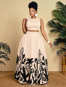 BIUBIU 大码女式两件套，碎花露脐上衣搭配长裙，优雅夏季派对及度假装扮 - 杏黑花 - 查看 1