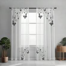 2pcs Black Tulle Curtains With Butterfly And Botanical Patterns, 2D Flat Print, Translucent Fabric, Suitable For Living Room, Bedroom, Dining Room, And Kitchen, With A Rod Bag Design And A Modern Minimalist Style. - Multicolor - View 8