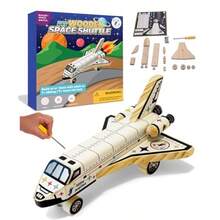DIY Build Your Own Space Shuttle Toy Model - Wooden Kit W/Stickers - Wood Building Kit For Boys Girls - Toy Spaceship Stem Toys For Ages 4-10 - Wood Crafts For - STEM Woodworking Kits - SpaceShuttle - View 2