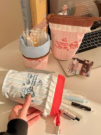 1pc Cute Cartoon Lace Zipper Pencil Case, Large Capacity Multifunctional Desktop Organizer, Suitable For Pencils, Pens, Colored Pencils, Unisex, Great Back To School Gift