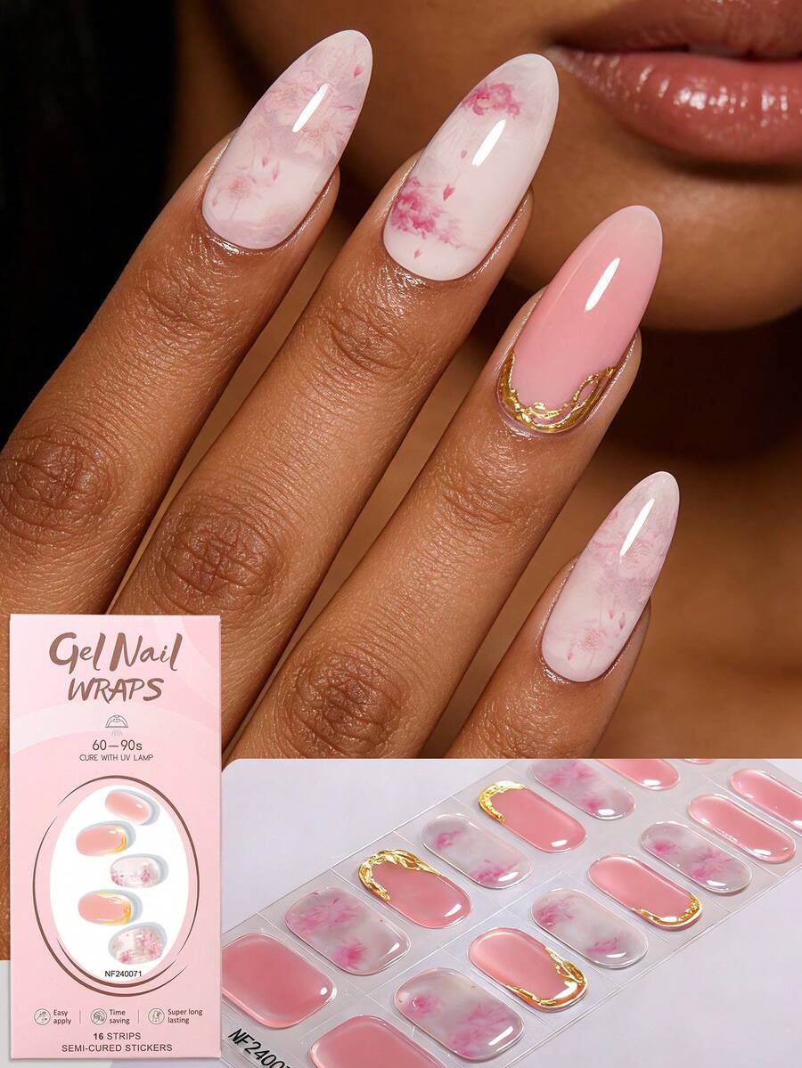 16片春日柔美梦幻浅粉色花卉扎染箔线半固化凝胶美甲贴纸，光泽饱满，持久耐用，适合女性和女孩日常、派对、约会、旅行，送给她的礼物