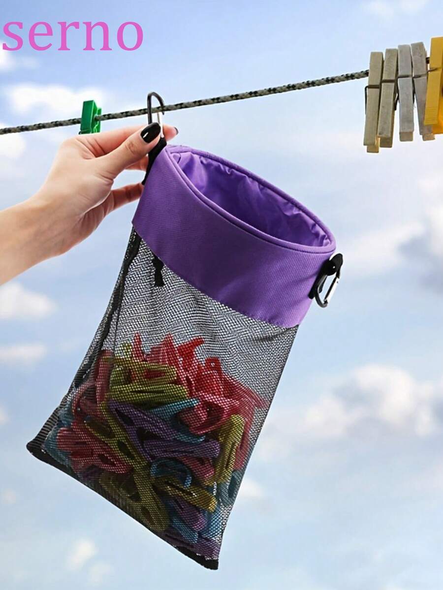 带钩网状晾衣袋，抽绳密封大直径晾衣袋，抽绳，晾衣绳，木质晾衣绳，帆布晾衣绳收纳袋 - 彩色 - 查看 1