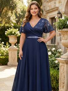 Butterfly Sleeve V-Neck Floral Lace Patchwork Chiffon Diamond Waist Belt Long Evening Dress, Suitable For Wedding Guests, Valentine's Day, Summer, Birthday, Graduation, Back To School And Other Occasions - Navy Blue - View 7