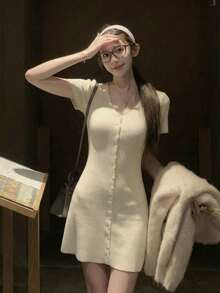V-Neck Short Sleeve Knit Dress, Fitted A-Line Sweater Dress, Sexy Minimalist Style, Spring/Summer - Apricot - View 1