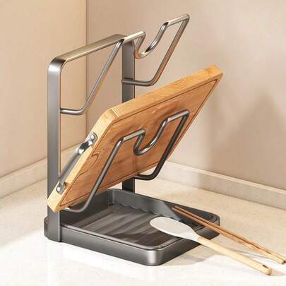 1 Set Grey Double-Layer Carbon Steel Storage Rack, With Removable Drip Tray For Pot Lids; 1 Detachable Cutting Board Rack For Drip Tray; 1 Space-Saving Desktop Pot Lid Organizer; 1 Kitchen Organization Tool