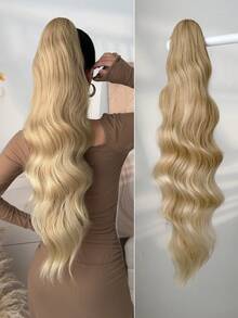 28-Inch Gold Long Wavy Synthetic Heat-Resistant Fiber Ponytail Hair Extension Drawstring Ponytail Hair Accessory, Suitable For Women Party And Daily Use - Gold - View 6