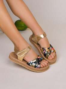 1双女童夏季新款金属刺绣花卉平底凉鞋，优质缎面软跟，魔术贴设计，波西米亚复古休闲风，双层编织鞋底，轻便舒适，适合4-15岁女孩、小学生和初中生，夏季户外活动、节日庆典、海滩穿着。 - 黑色 - 查看 2