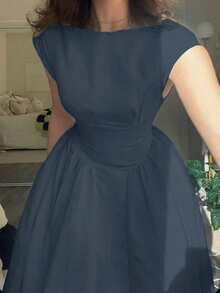 女士休闲优雅复古浪漫长款泡泡袖连衣裙，复古收腰设计，适合婚礼、约会、外出等场合，浪漫可爱，法式白色收腰连衣裙，夏季款 - 藏蓝色 - 查看 4