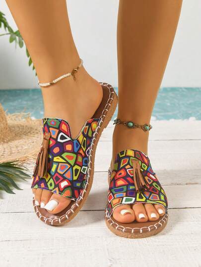 夏季沙滩拖鞋，流苏花卉印花 | 波西米亚风平底凉鞋，适合度假穿着，女士花卉流苏室内/室外拖鞋 - 夏季旅行和休闲穿着的完美之选，波西米亚花卉印花一脚蹬凉鞋 | 时尚沙滩鞋，流苏点缀，舒适轻便，防滑，软底拖鞋