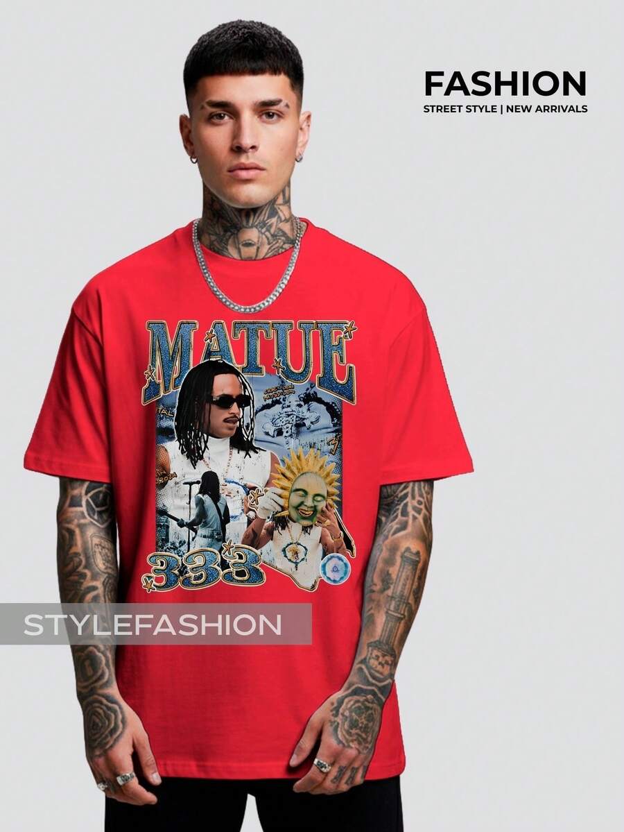 Streetwear T-Shirt Rapper Matuê Album 333 National Hip Hop Singer Light Years Tshirt Tuê Time Machine - 紅色 - 查看 1