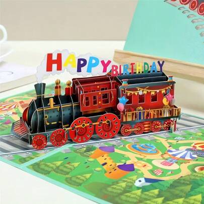 1pc 3D Green Train Pop-Up Birthday Greeting Card With Envelope And Note, Handmade Paper Sculpture Greeting Card, Cartoon Card, Birthday Gift Choice, Party Favor, Party Decor, Gift For Family And Friends