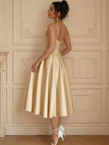 YUMIBRAVO 芭蕾舞风格婚纱、缎面新娘礼服、褶皱胸线白色婚纱、新娘生日派对礼服、吊带女士晚礼服、优雅正式礼服 - 香檳金 - 查看 7