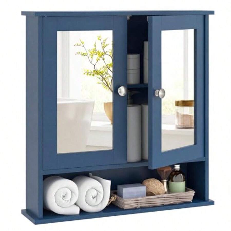 Medicine Cabinet Wit Mirror Mounted Wooden Anging Organizer Wit Doors And Ses Mirror Cabinet Mirror Doors Blue - 藍色 - 查看 1