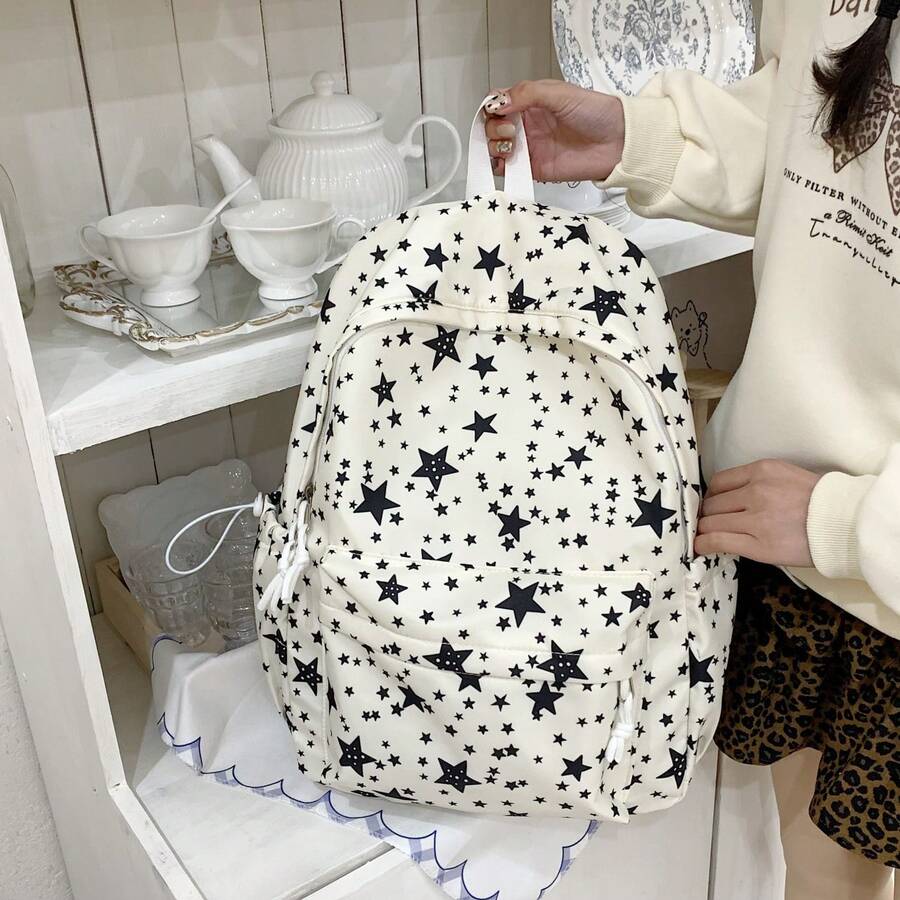 Casual Large Capacity Backpack, Fashion Star Pattern Nylon Messenger Bag, School Student Shoulder Bag, Travel Bag With Pendant, Suitable For Halloween - Beige - View 1