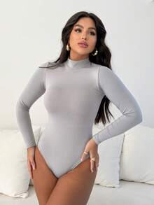 Women's Bodysuit Kit, High Neck, Long Sleeve, Second Skin, Basic, Versatile, Fashion Blogger Style, - GRAY-cOFFEE-wHITE - View 2