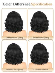4x1 Layered Short Curly Wavy Side Bangs Lace Front Wig, Natural Layers, Heat-Resistant Synthetic Fiber, Suitable For Daily Wear, Black - màu đen - Xem 11