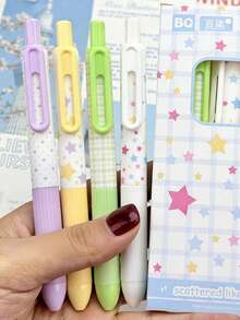 4支波点/星形图案按压式中性笔，高品质墨水，适合学生和考试使用，速干，黑色墨水 - 小布丁筆 - 查看 3