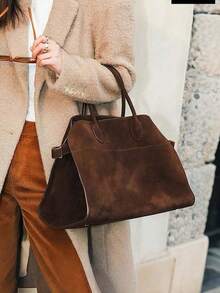 Vintage Brown Suede Tote Bag - Large Capacity Commute Shoulder Bag With Magnetic Closure, Nylon Lining, And Durable Handles, Ideal For Everyday Use, Everyday Tote Bag | Vintage Style Bag | Durable Handles, Tote Bag, New Fall Fashion 2025 For Women - 咖啡 - 查看 4