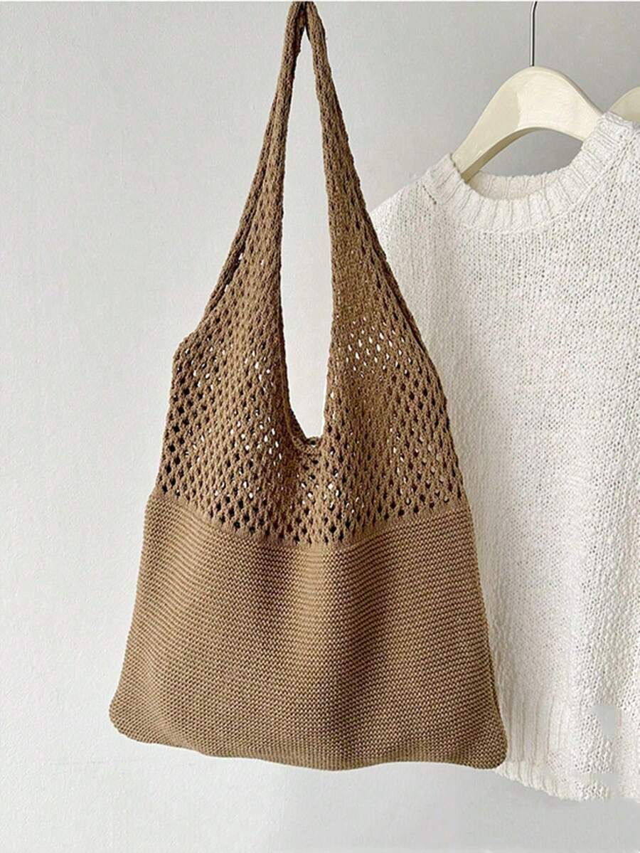 Casual Versatile Crochet Knitted Tote Bag, Large Capacity Shoulder Bag - Brown - View 1