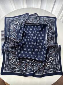 1 pieza Pañuelo de seda cuadrado de 70*70cm, pañuelo de cabeza estampado de satén para mujer, pañuelo, diadema, chal de moda para dama, pañuelo, playa, vacaciones - Azul marino - Ver 2