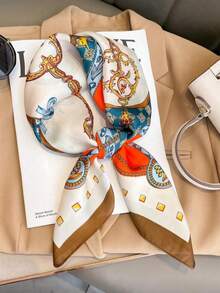 1条女士奢华印花70*70厘米真丝方巾，时尚设计，适合日常佩戴，春季款 - 白色 - 查看 6